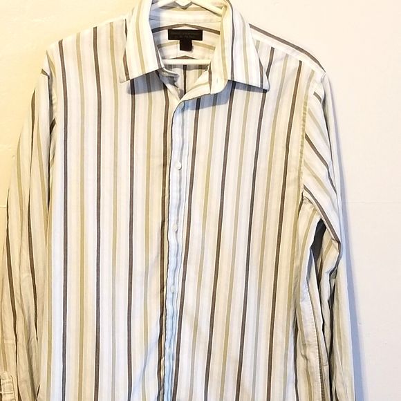 Express Button Up Shirt Men Sz Large 16 Brown Stripes Modern Fit Long Sleeve - Picture 14 of 15